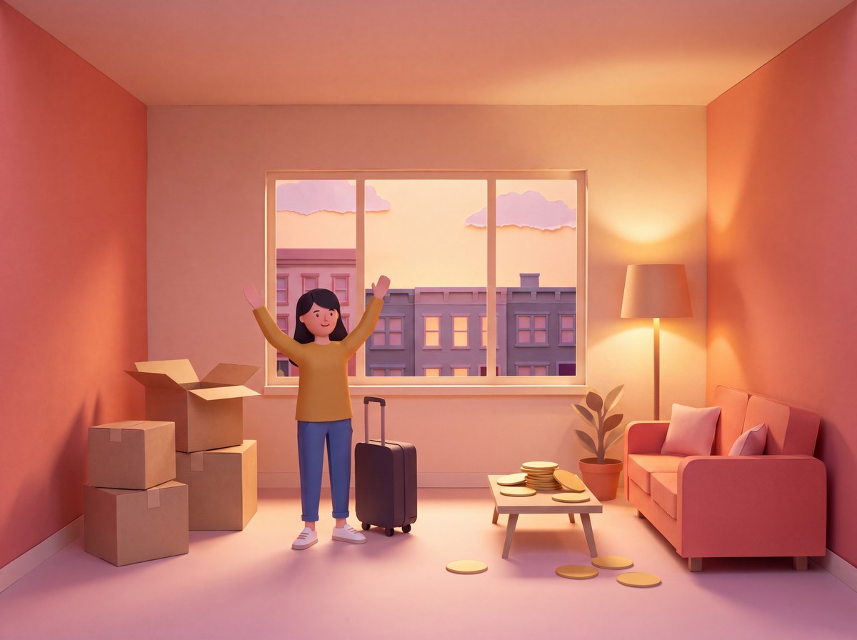 A renter celebrating in the living room of her new apartment at dusk, moving boxes and suitcase beside her and her move-in payout on the table